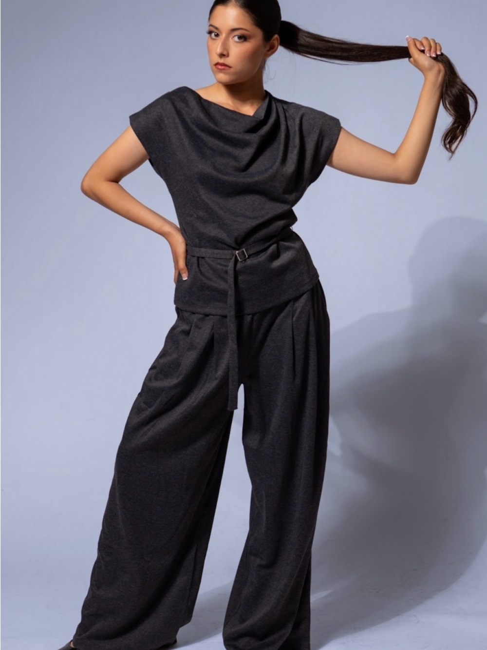 Zara Dark Gray Wide-Leg Jumpsuit with Belted Waist